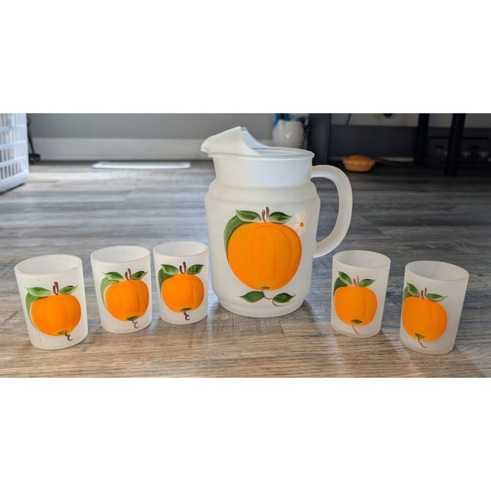 Vintage Orange Juice Pitcher Set (5) Glasses Frosted Handpainted Hazel Atles MCM
